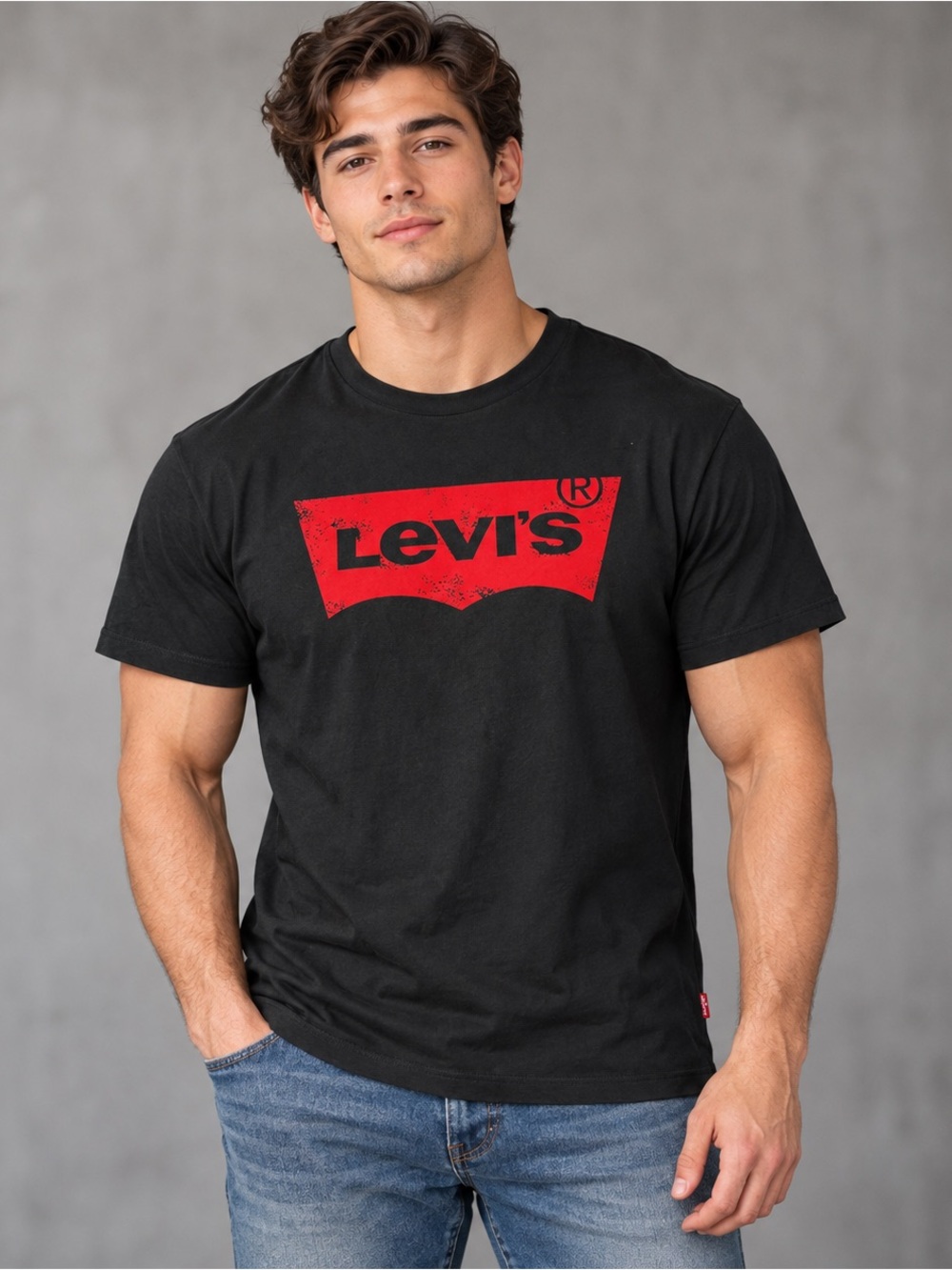 Levi's Black Red Distressed Batwing Short Sleeve Crew T-Shirt with Red Logo XL